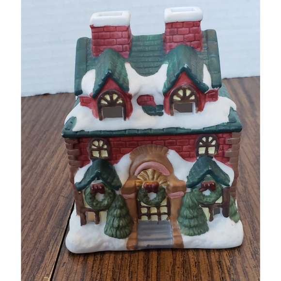 Two Chimney Red Ceramic Christmas Holiday Tea Light Candle House - Picture 1 of 9